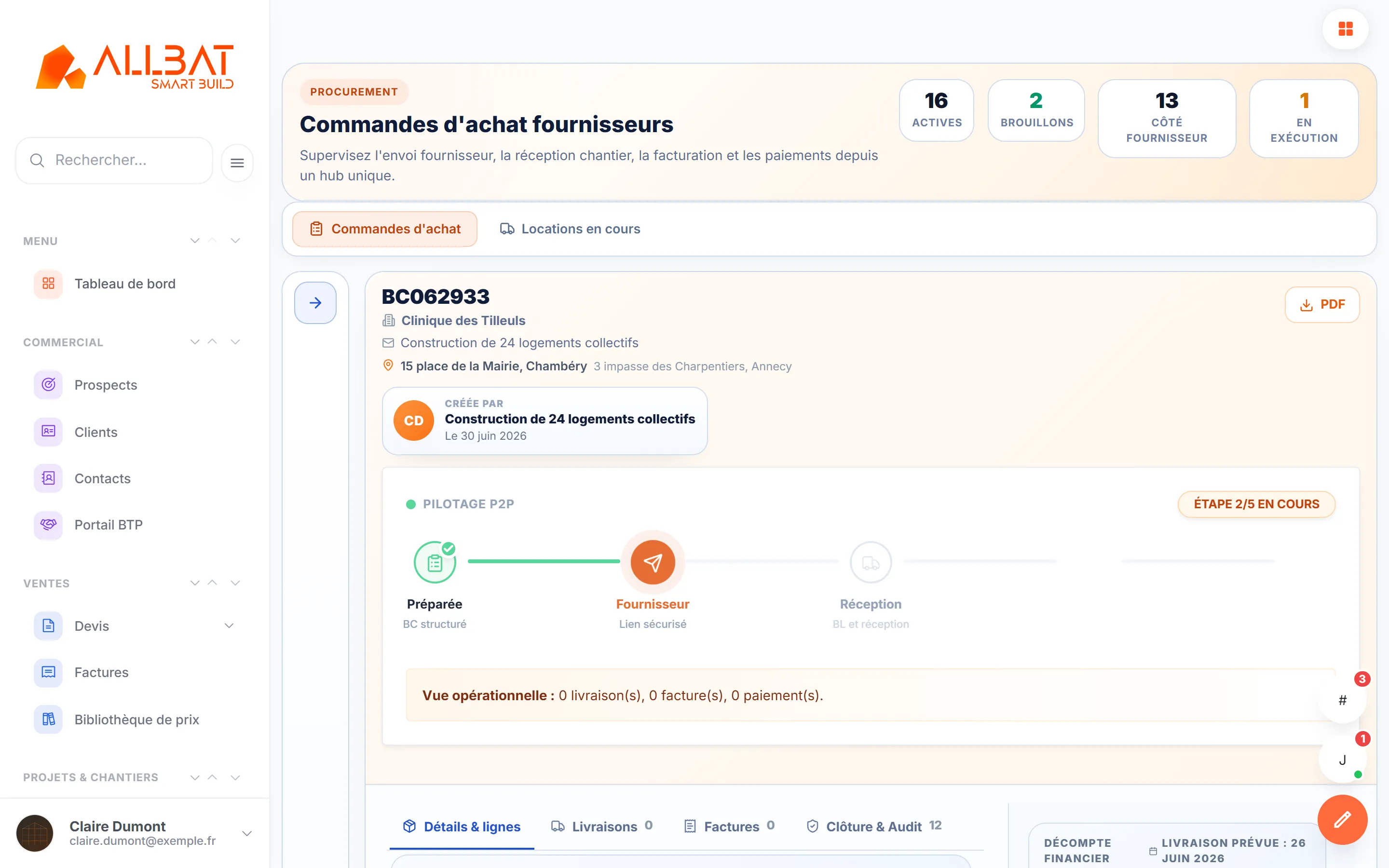 Détail d’un bon de commande fournisseur avec étapes (données de démonstration).