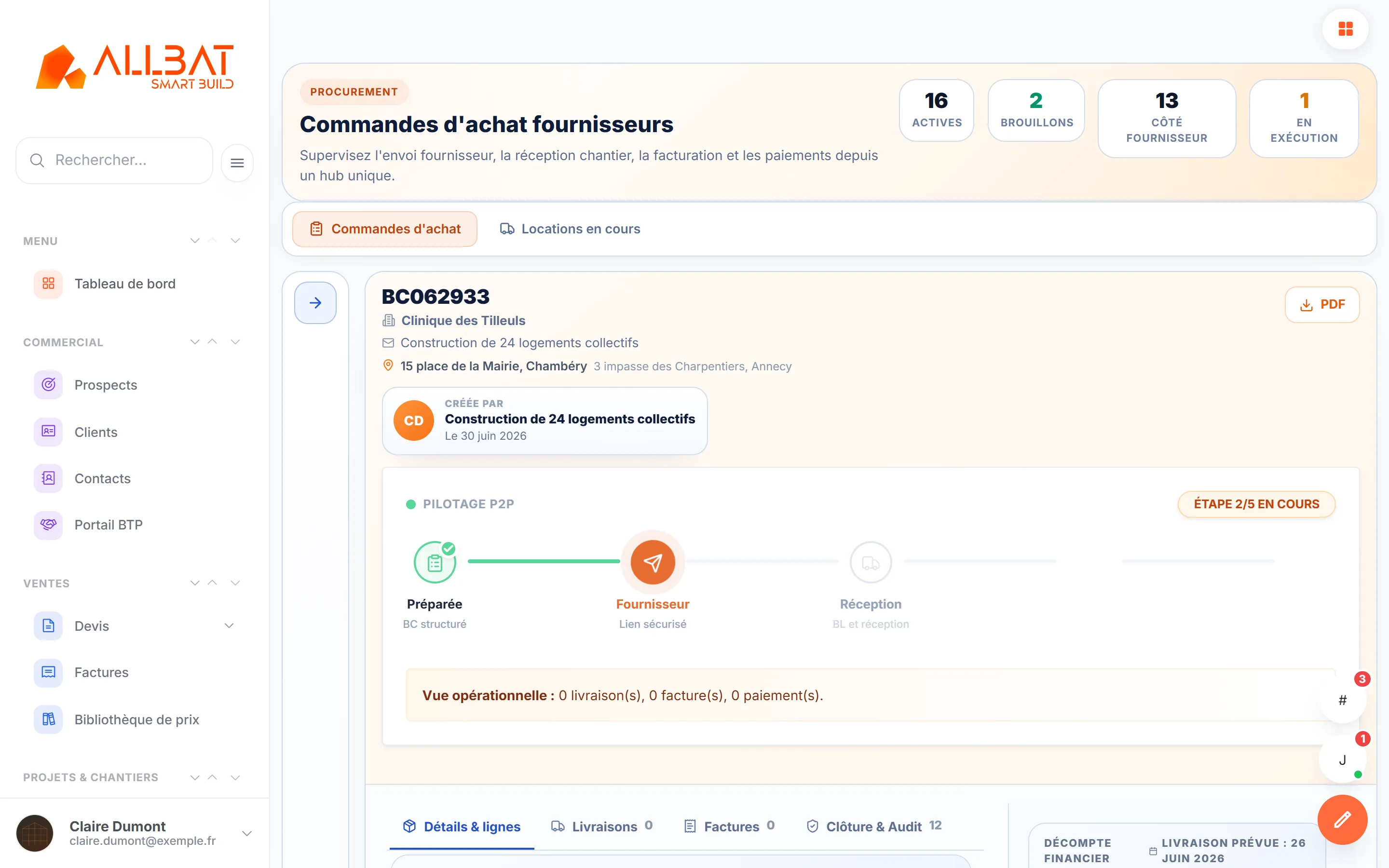 Détail d’un bon de commande fournisseur avec étapes (données de démonstration).