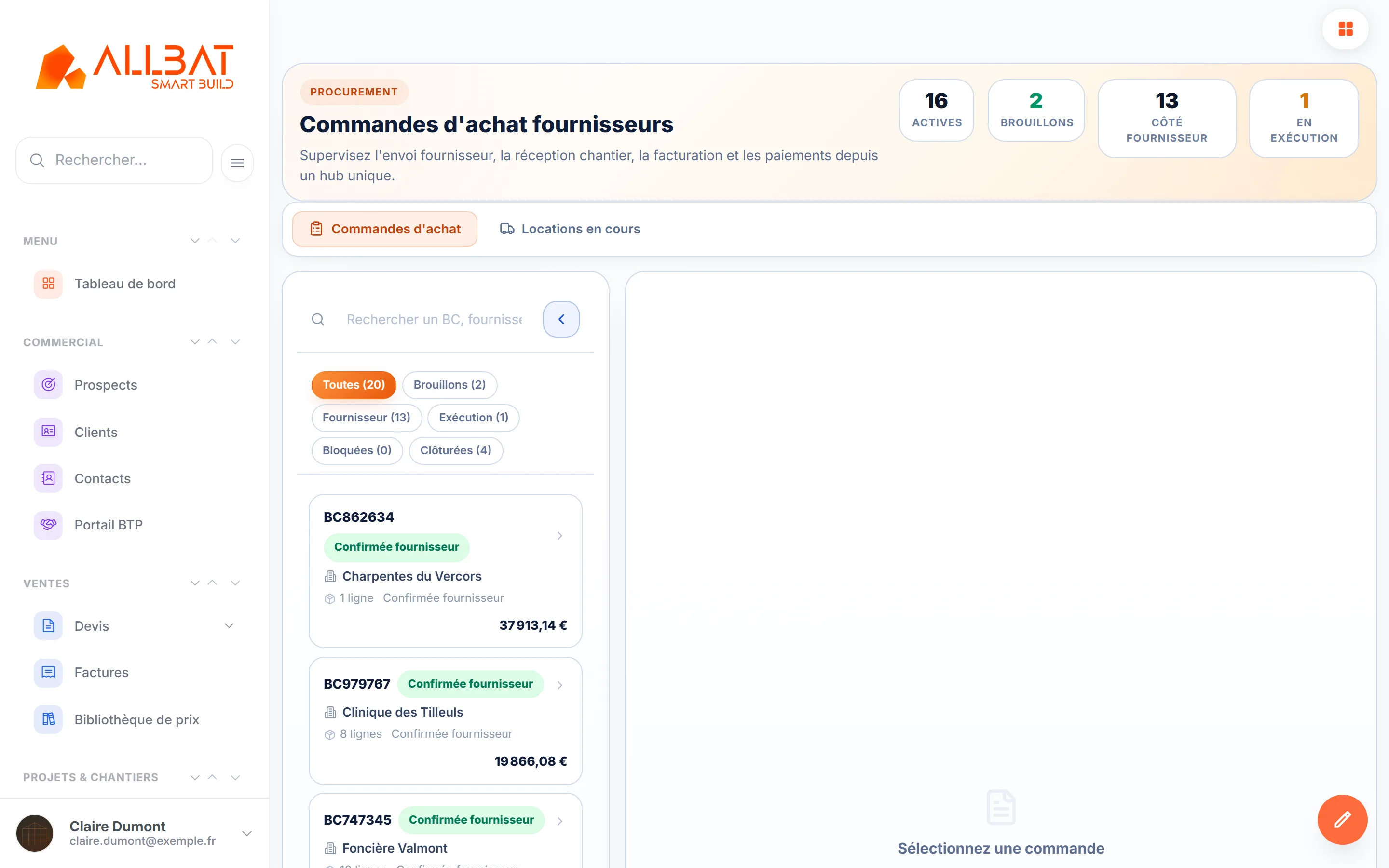 Commandes d’achat fournisseurs avec statuts et montants (données de démonstration).