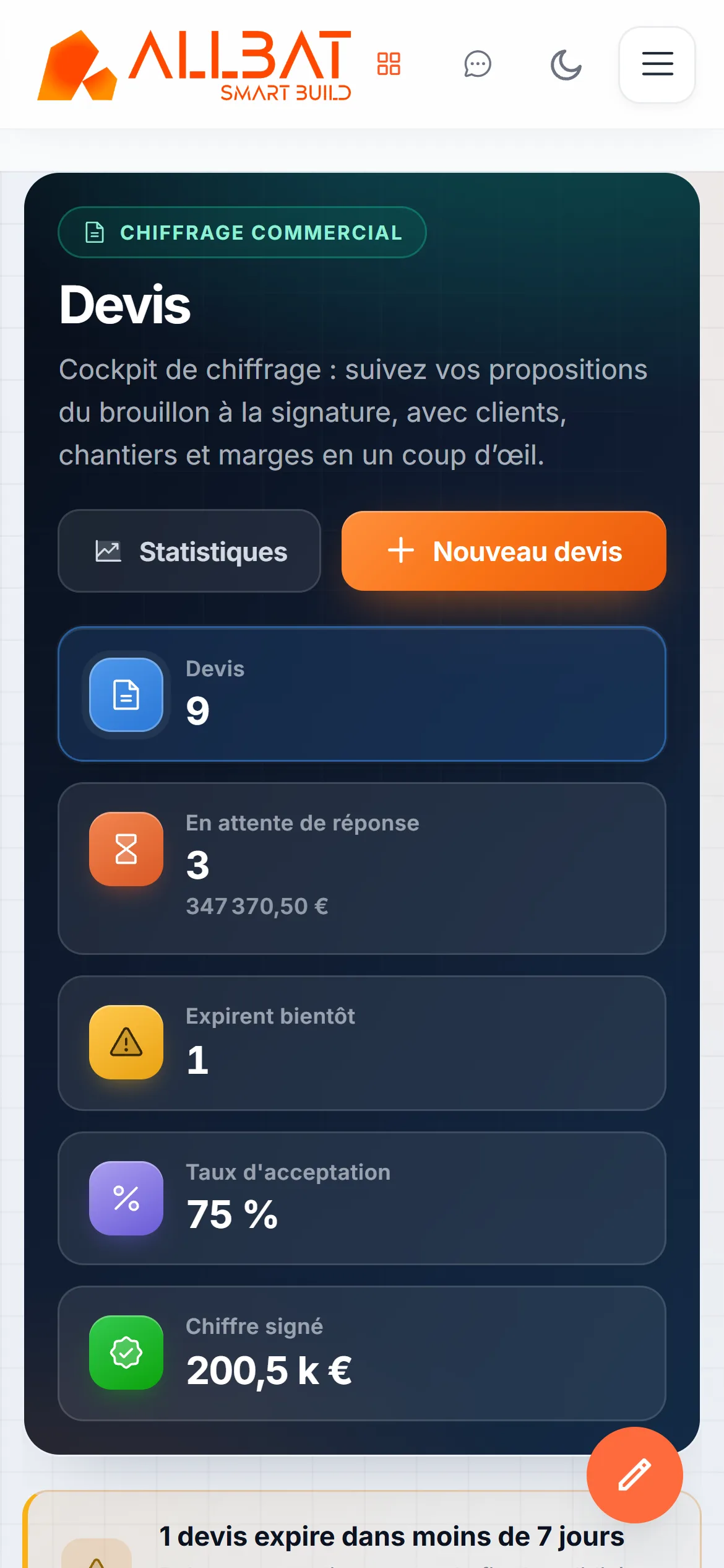 ALLBAT sur téléphone : tableau de bord des devis (données de démonstration).