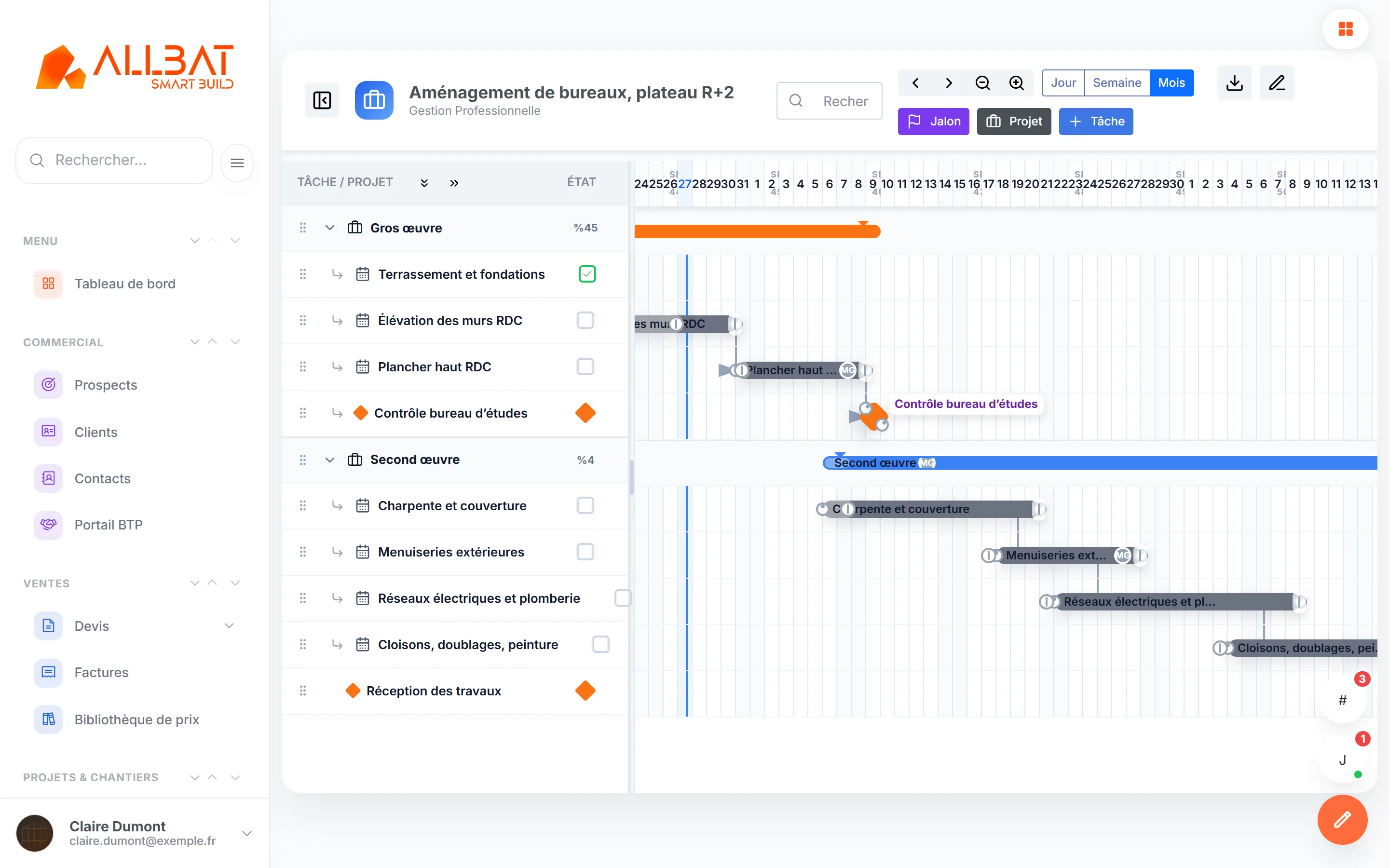 Diagramme de Gantt avec tâches, dépendances et jalons (données de démonstration).