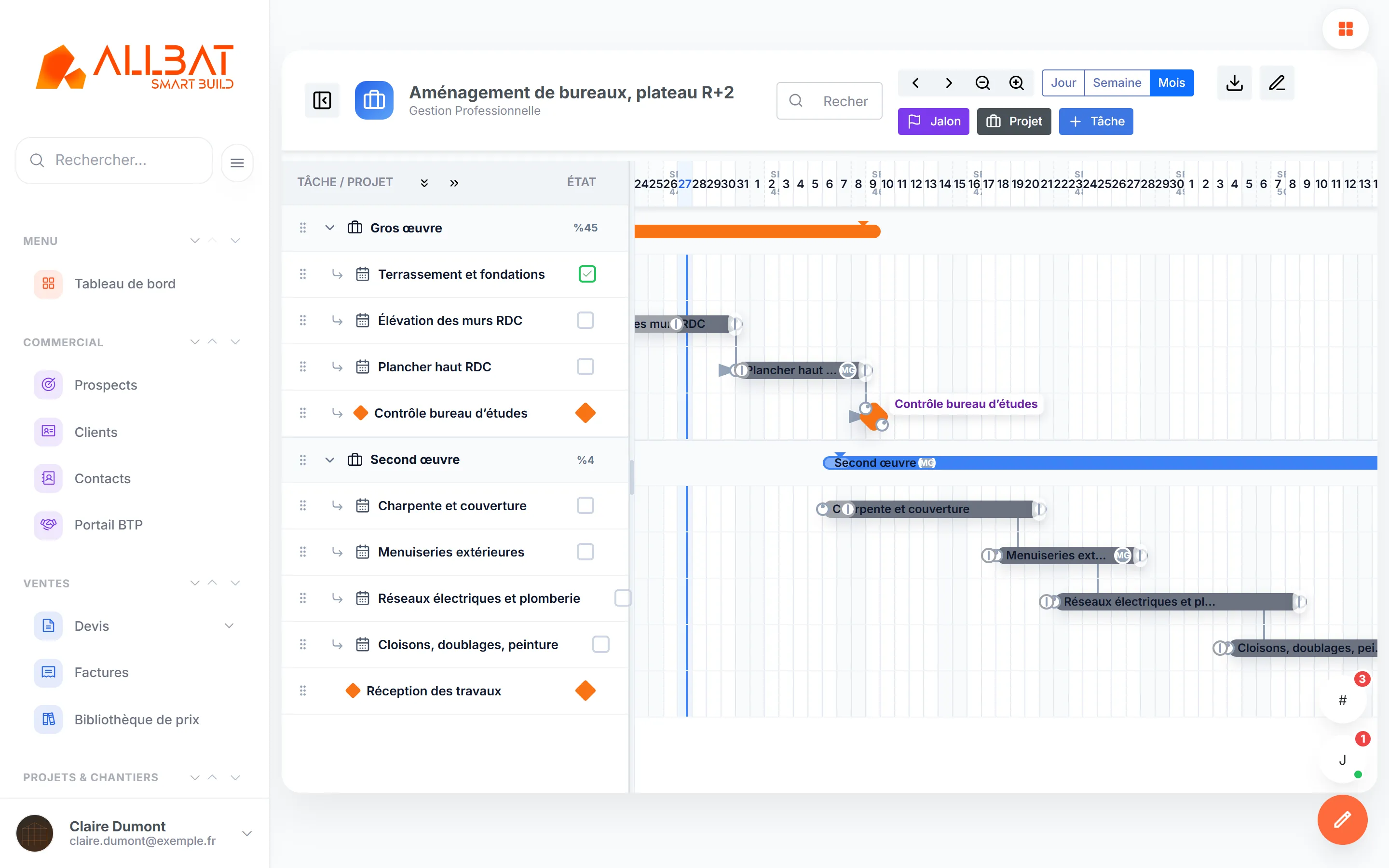 Diagramme de Gantt avec tâches, dépendances et jalons (données de démonstration).