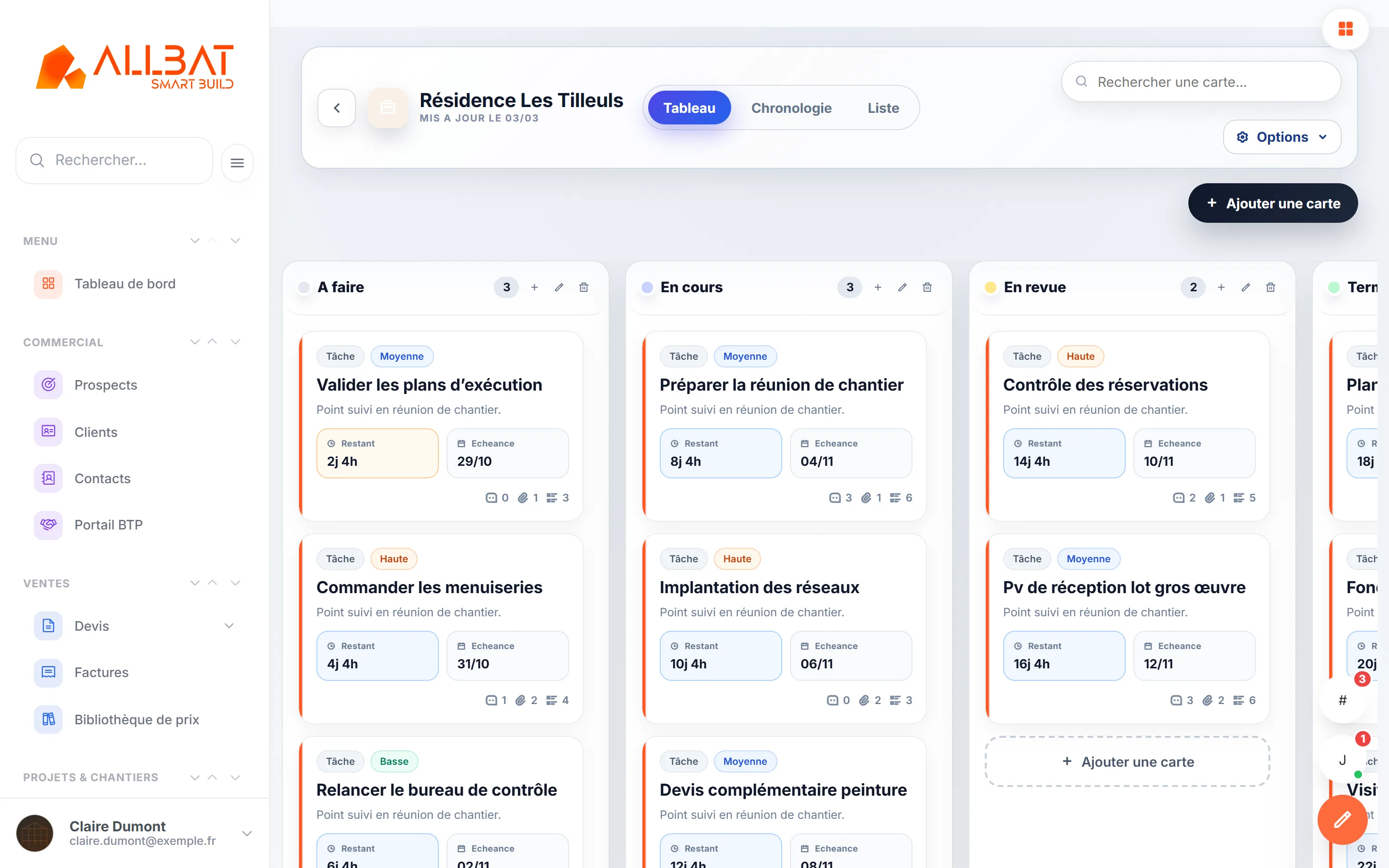 Tableau Kanban d’un chantier (données de démonstration).