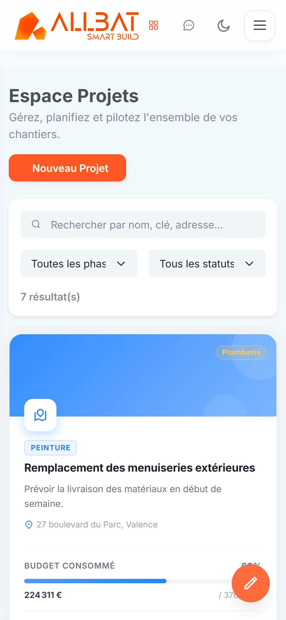 ALLBAT sur téléphone : espace projets (données de démonstration).