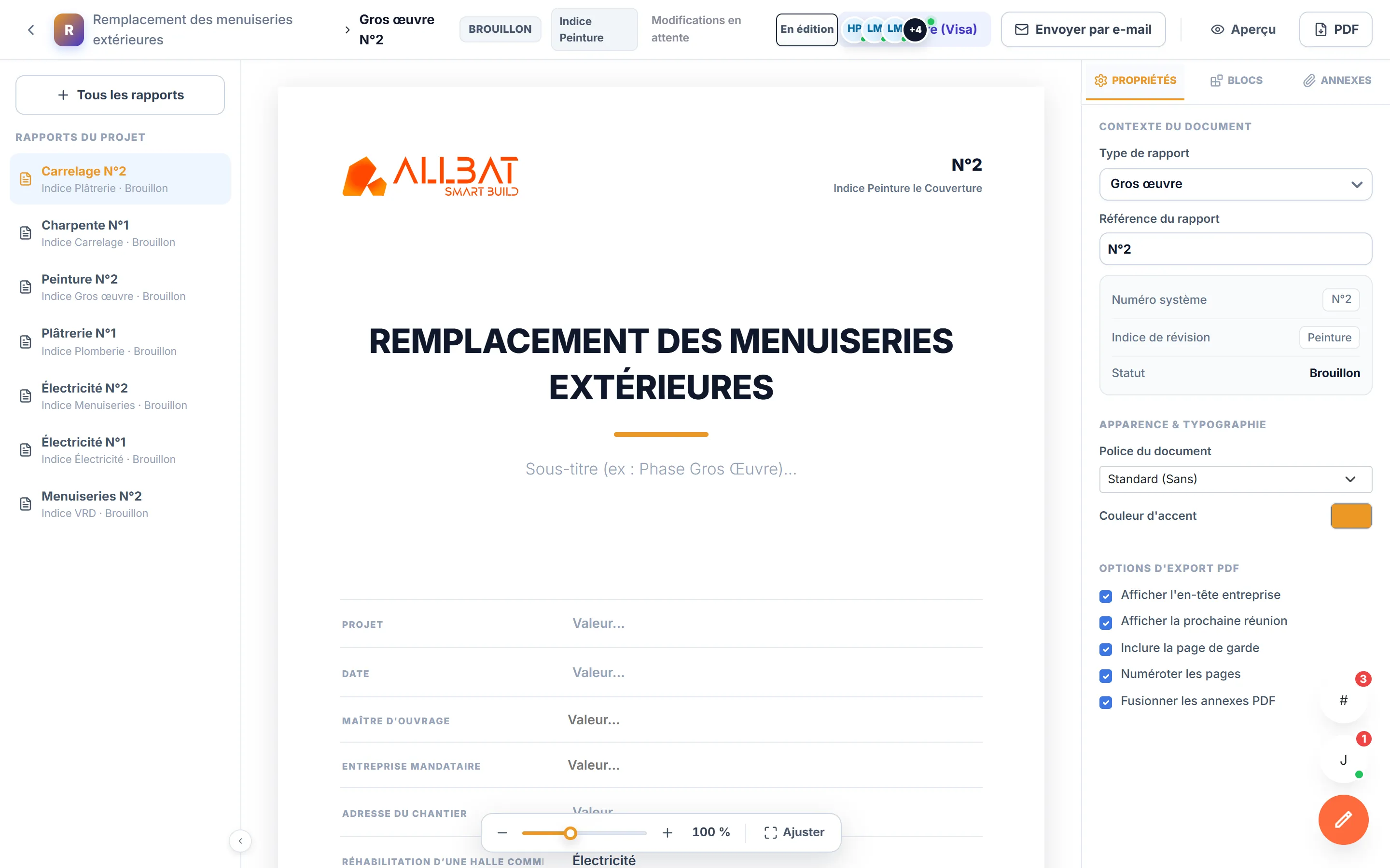 Studio de rapport de chantier avec aperçu du document (données de démonstration).