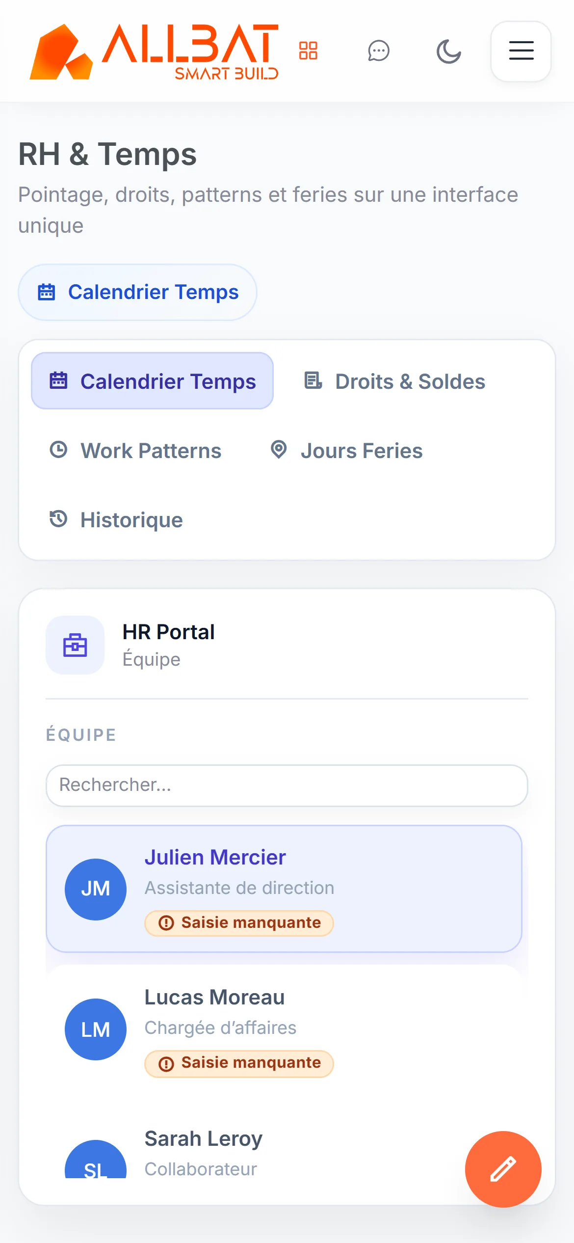 ALLBAT sur téléphone : temps et absences (données de démonstration).
